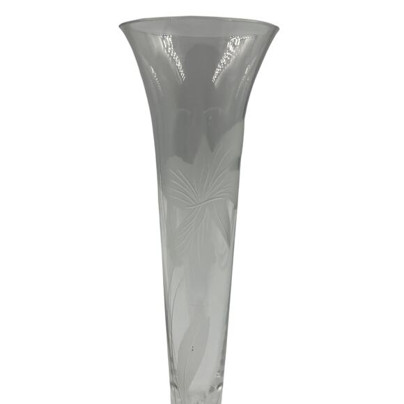 Vintage Crystal Clear Glass Skinny Tall Floral Etched Decorative Vase Footed - Picture 6 of 7